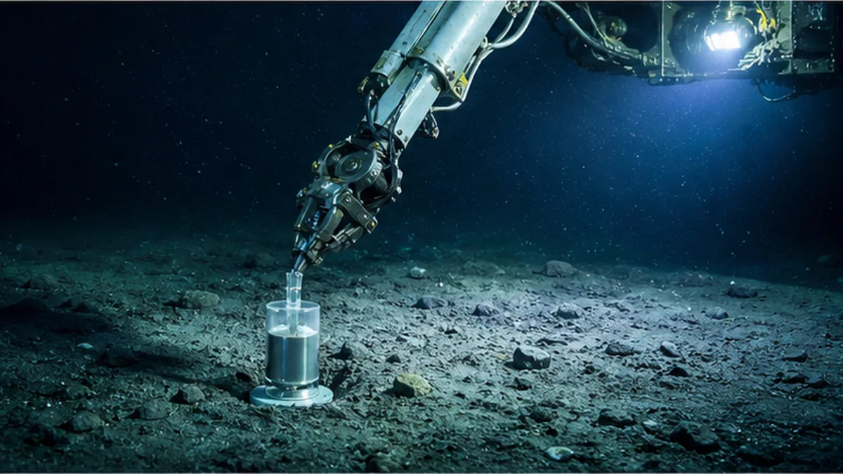 深海探査機が暗い海底でサンプルを設置している様子のイメージ