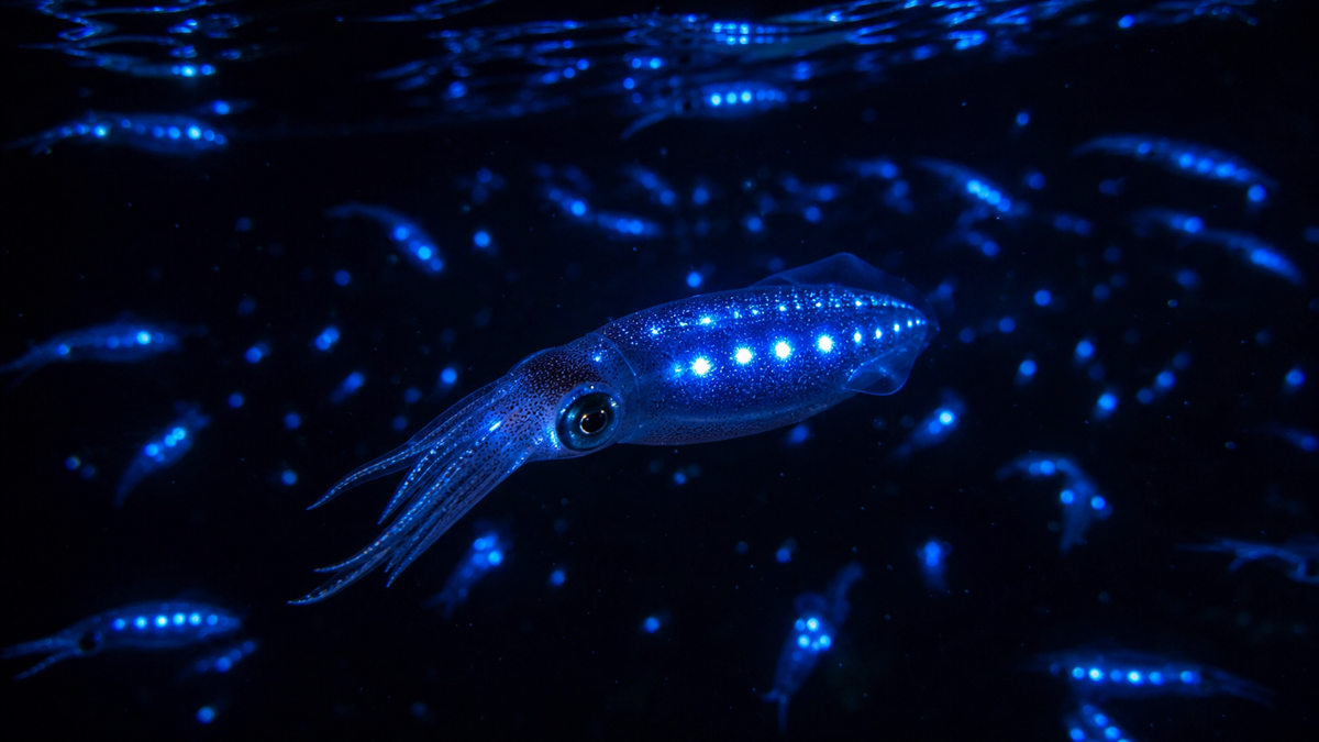 富山湾の夜、無数のホタルイカが青く発光する幻想的な情景
