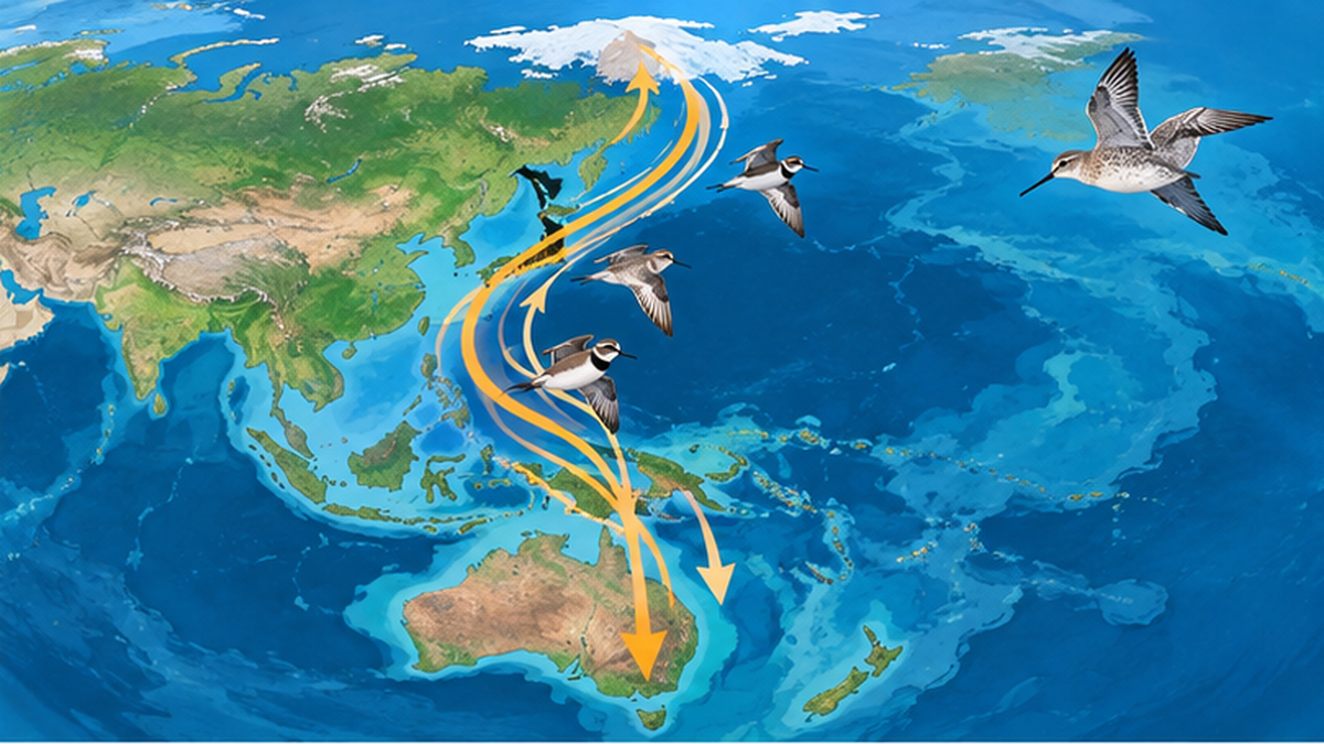 東アジア・オーストラリア地域フライウェイの経路を示す地図風イラスト