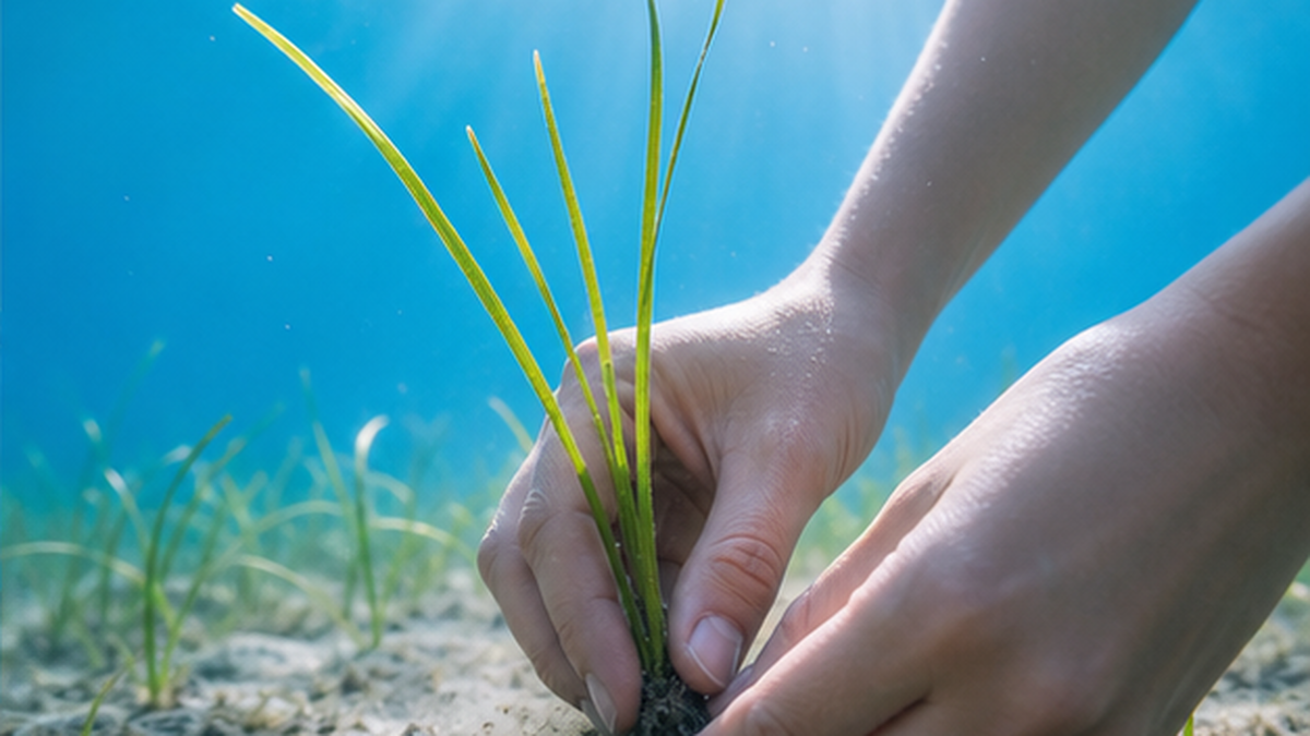 澄んだ青い海を背景に、藻場再生に取り組む人々の手と若い海草の芽を象徴的に描いた希望あるイメージ