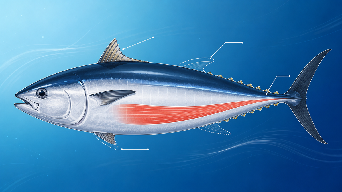 クロマグロの体の各部位に高速遊泳の工夫を示したフラット図解