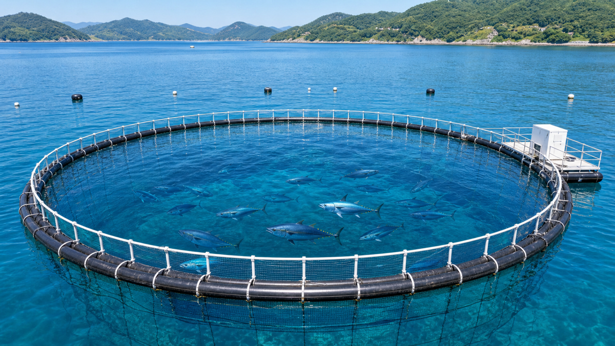 沖の大型生け簀でクロマグロを養殖する様子のイメージ