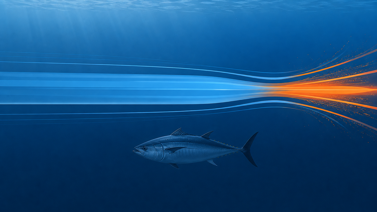 クロマグロの巡航速度と瞬発速度を対比したグラフ風イラスト