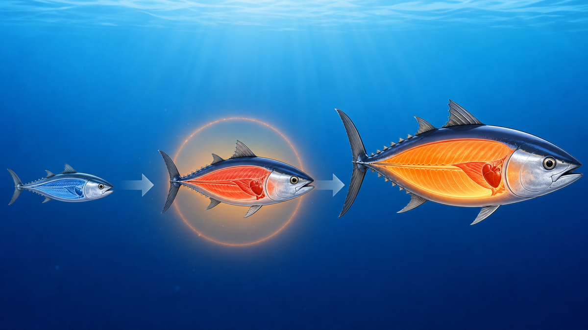 クロマグロの成長段階と体温を保つ力の発達を示した図