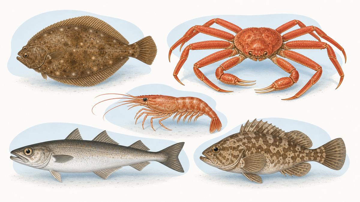 日本の底引き網でよく水揚げされる魚介類（カレイ・ズワイガニ・エビ・スケトウダラ）のイラスト