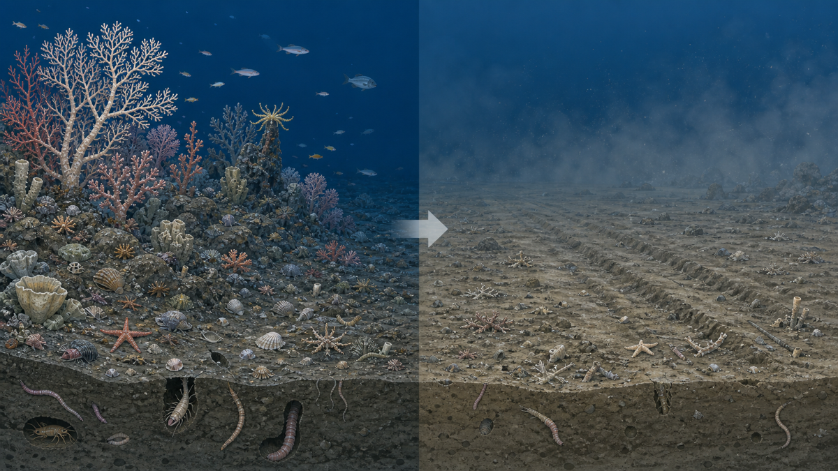 底引き網の前後で海底が豊かな状態から平坦な状態へ変わる様子の比較イラスト