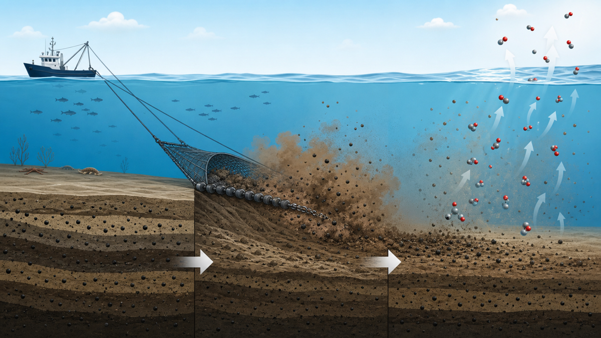 海底の泥に蓄えられた炭素が底引き網で巻き上げられCO2として放出される流れの図解