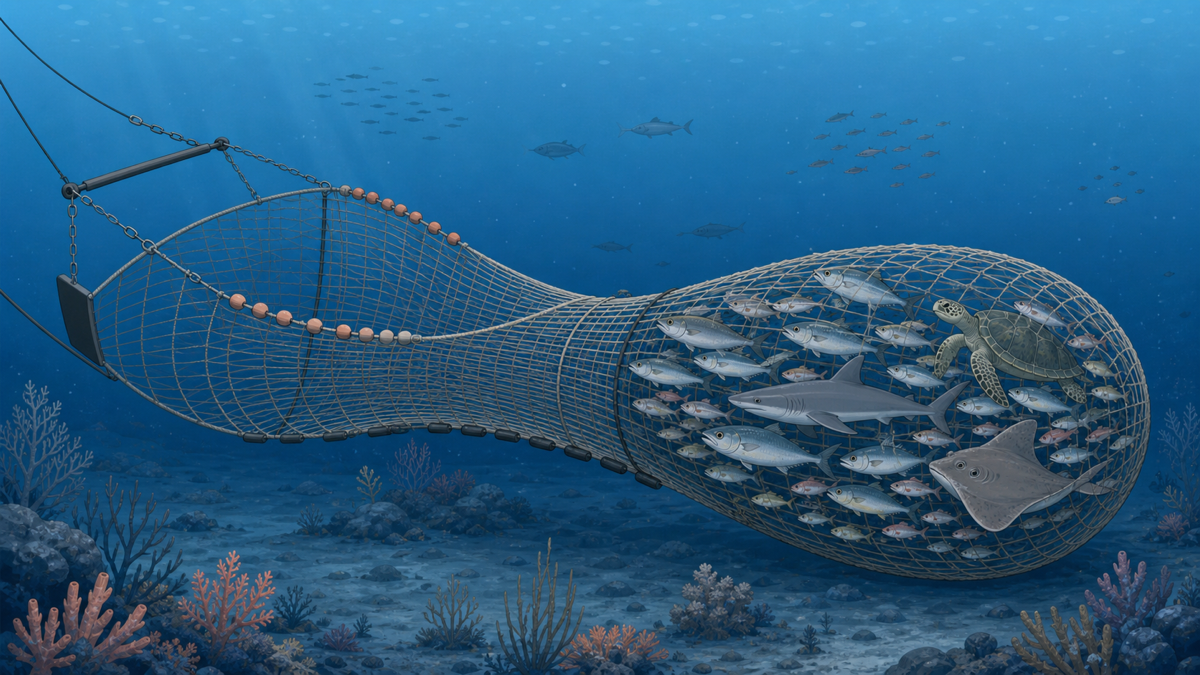 底引き網の混獲で網に入ってしまうウミガメ・サメ・小魚などのイラスト
