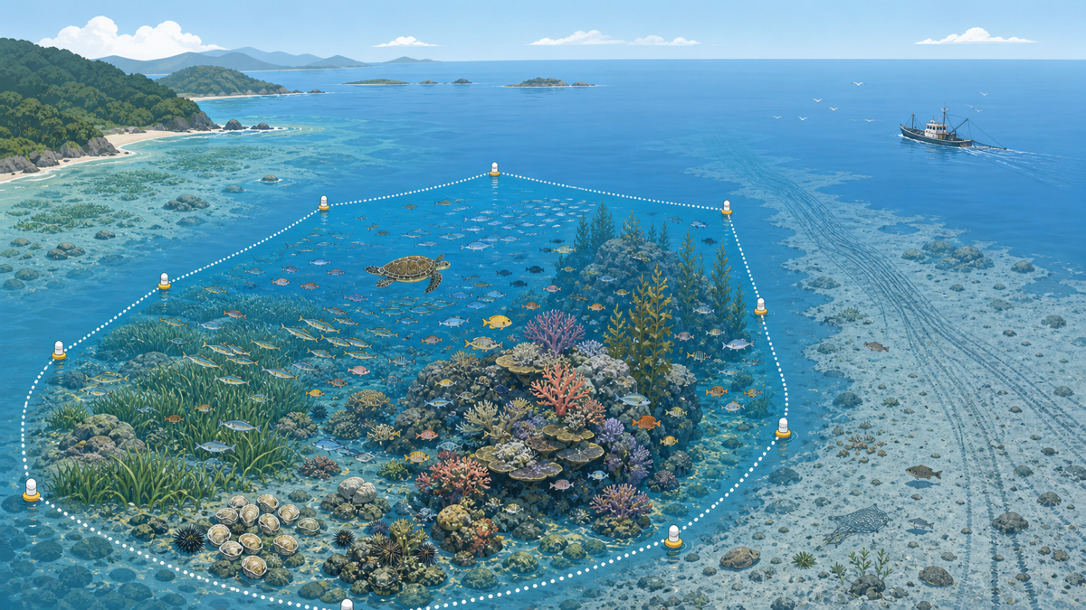 海洋保護区として区切られた海域と、その中で守られる豊かな海底のイラスト