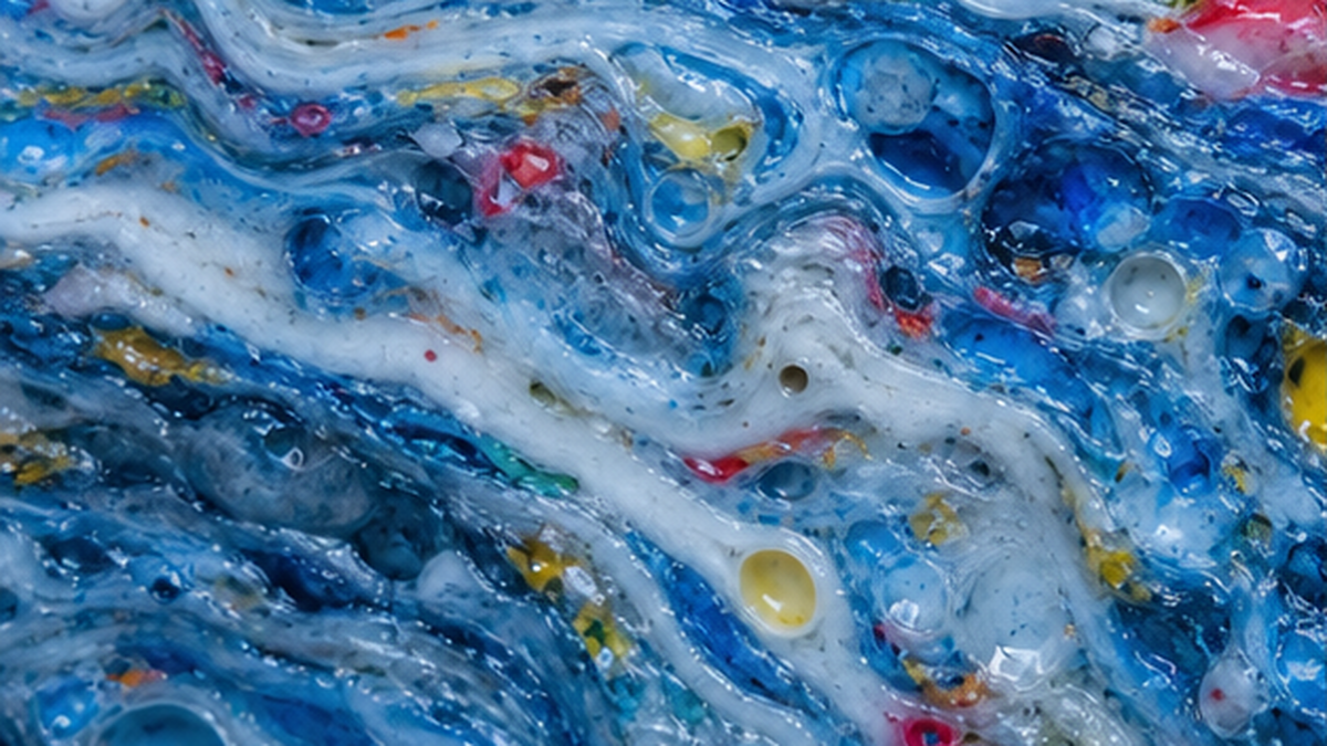 回収された色とりどりのプラスチック片が溶け合ってマーブル模様になる様子のクローズアップ