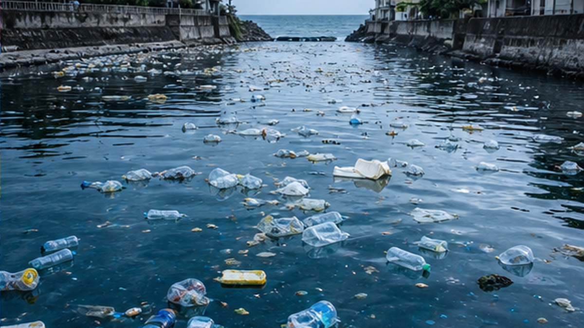 川から海へとつながる水辺に、ペットボトルやレジ袋などのプラスチックごみが漂う様子