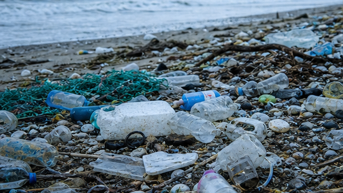 波打ち際に打ち上げられたペットボトルや漁具などのプラスチックごみが散乱する海岸