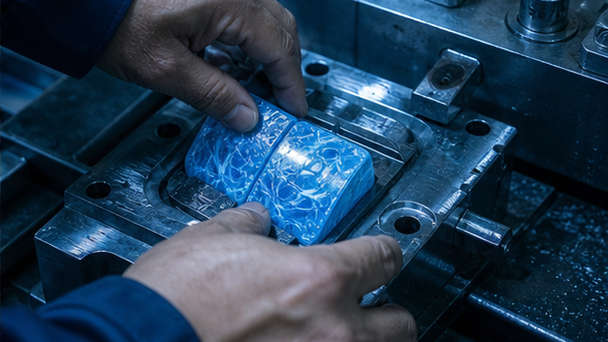 工房でプラスチック成形の作業をする職人の手元のクローズアップ