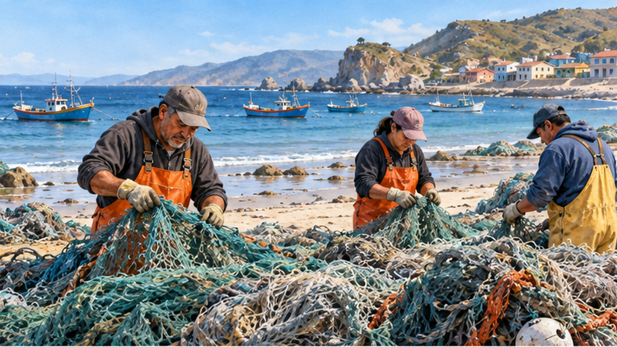 海岸に積まれた古い漁網と回収する人々のイメージ