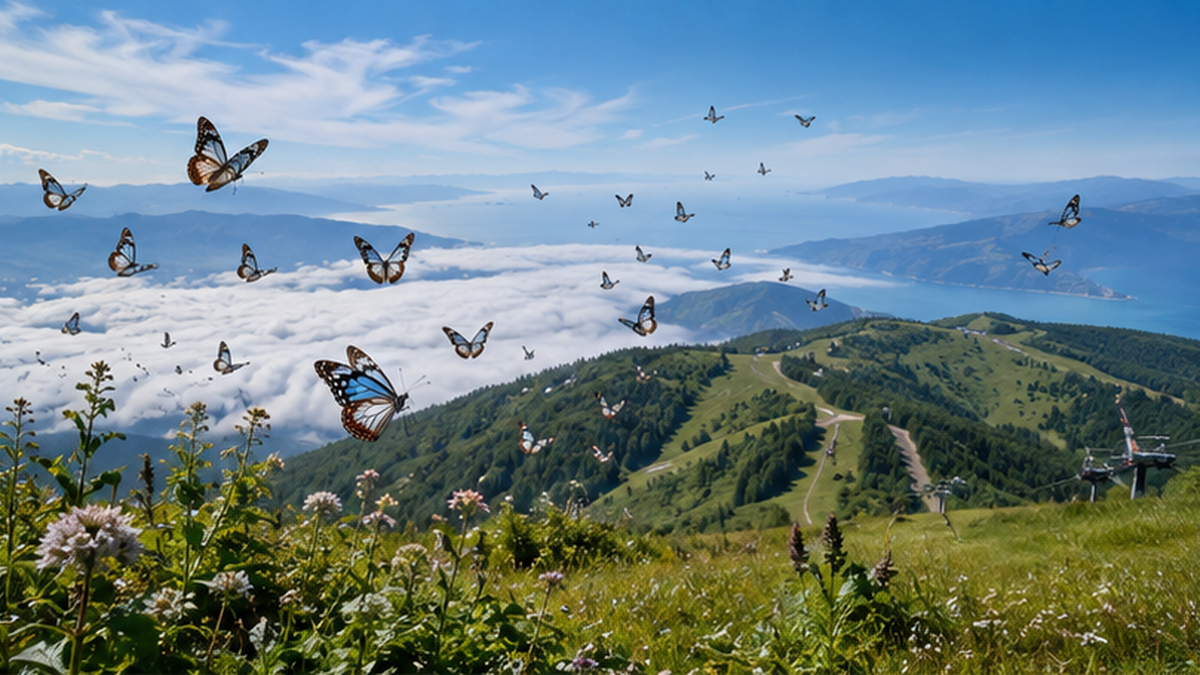 Chestnut tiger butterflies taking flight southward from a highland in Fukushima Prefecture, illustrating the migration route