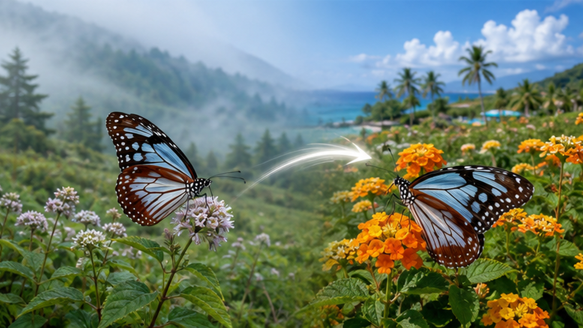 An image contrasting a summer highland with a winter southern flower field, illustrating the chestnut tiger butterfly's generational change