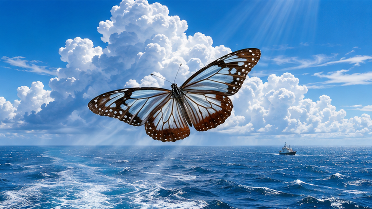 An image of a chestnut tiger butterfly gliding over the ocean using an updraft to migrate