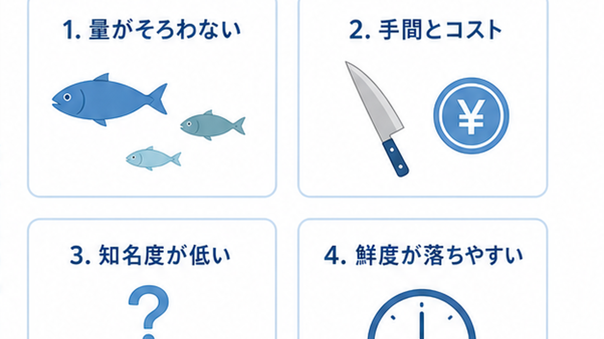 未利用魚が捨てられる4つの理由(量・サイズ、手間とコスト、知名度、鮮度)を並べたインフォグラフィック