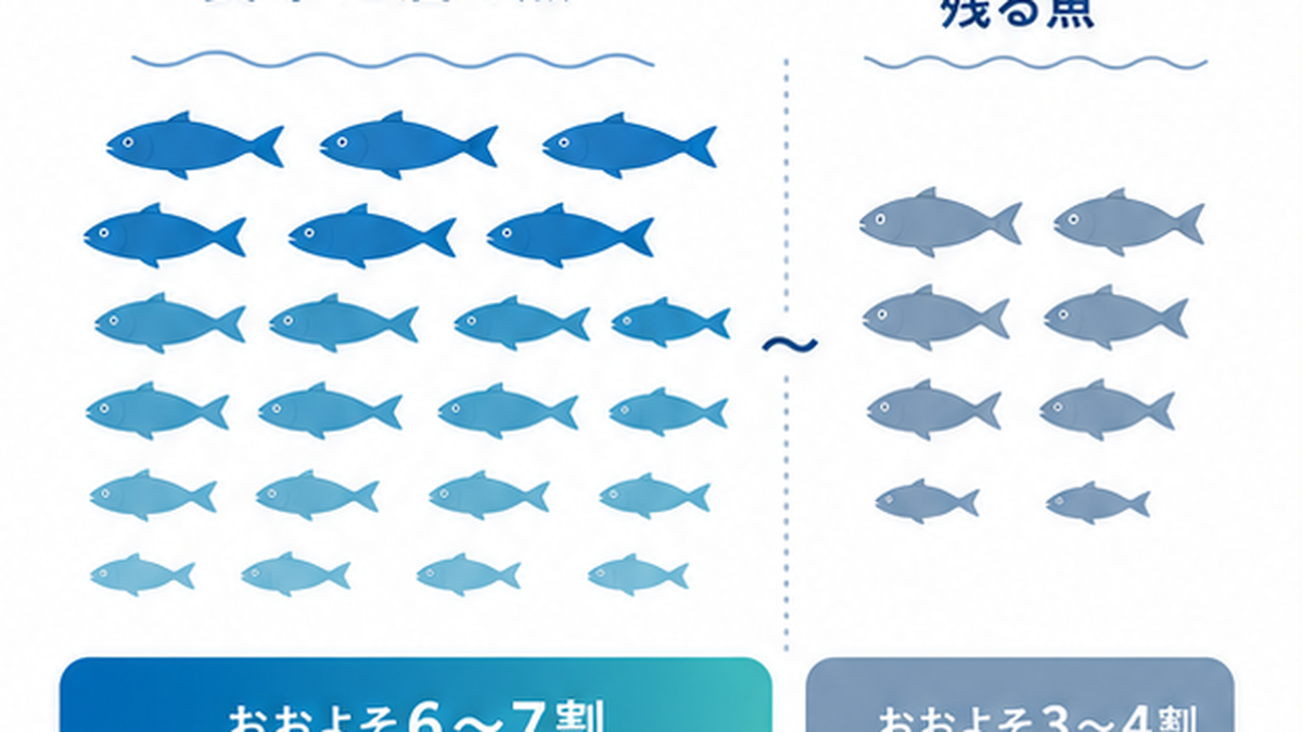 水揚げされた魚のうち食卓に届く分と未利用魚として残る分の割合を示した円グラフ風の図解