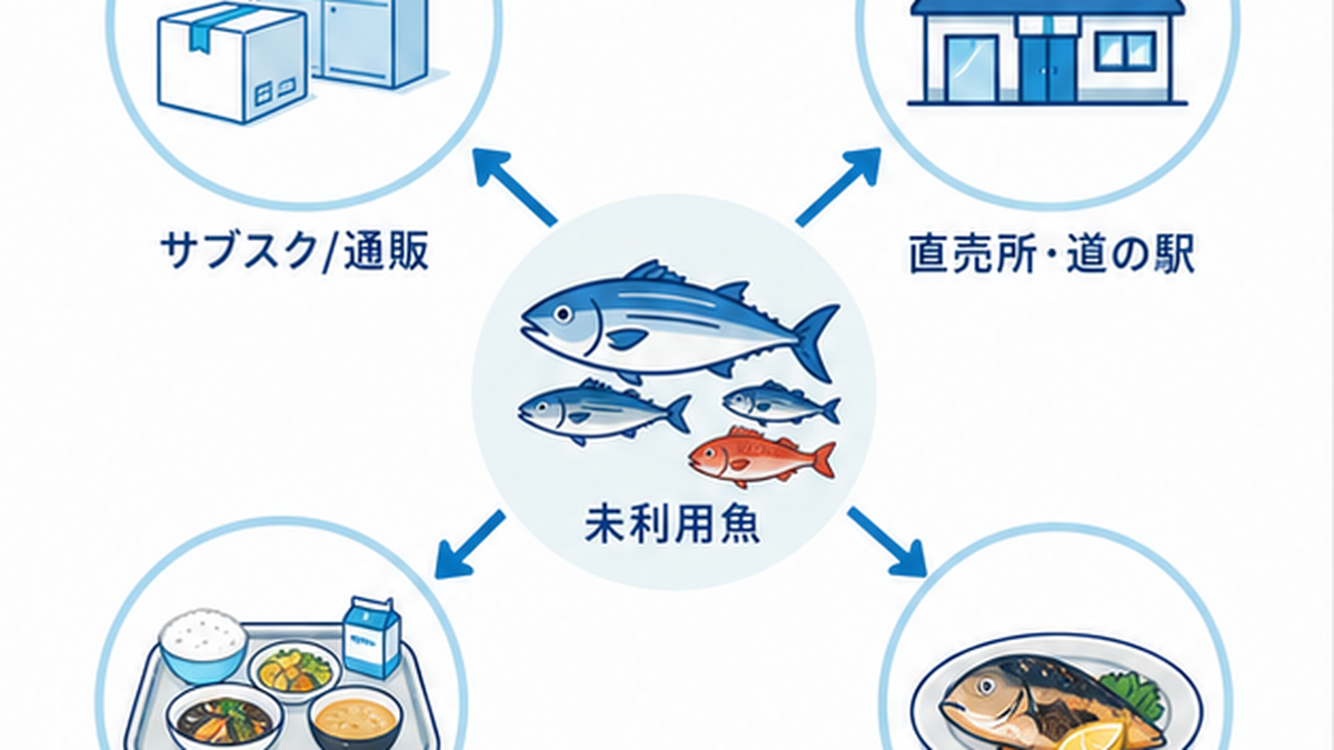 未利用魚の新しい売り方(サブスク、直売所、学校給食、飲食店)を4つのルートで示した図解