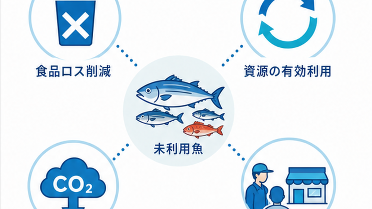 未利用魚活用がもたらす効果(食品ロス削減・資源の有効利用・CO2削減・地域経済)を示した図解