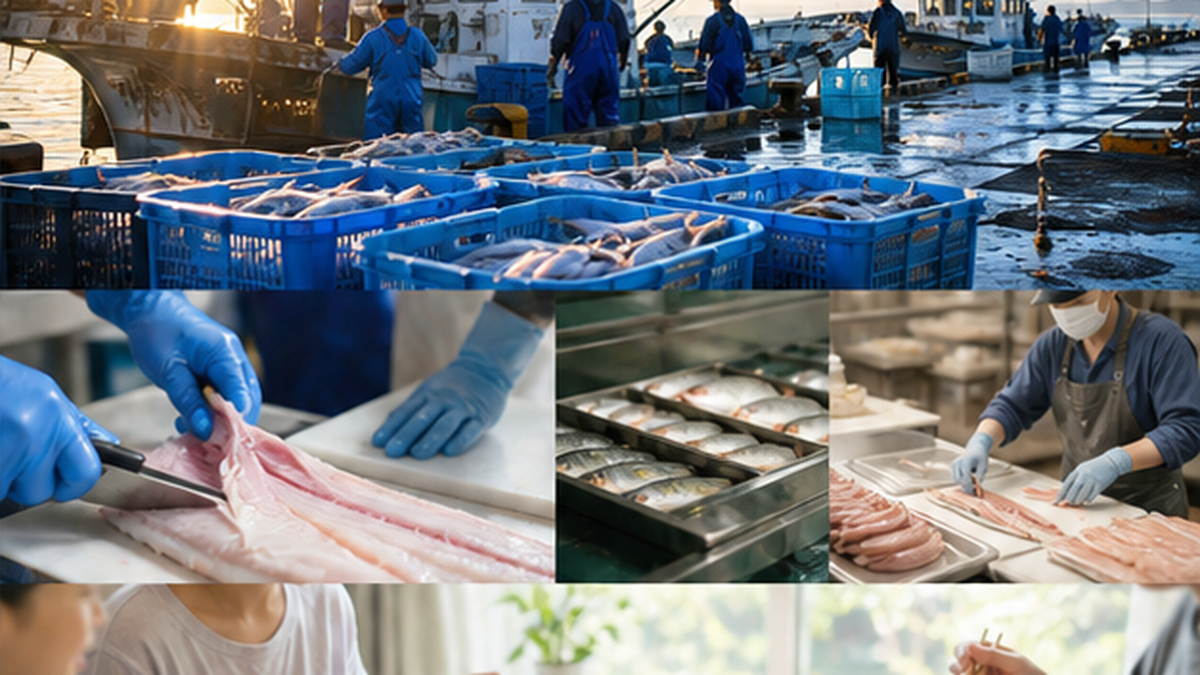 捨てられていた魚が加工と販路を通じて食卓の笑顔につながる循環を描いた明るい図解