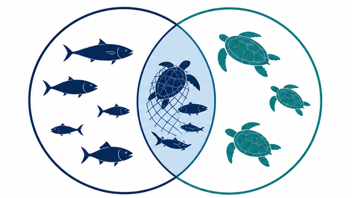混獲と投棄の関係を示した図。狙った魚・混獲・投棄の重なりを円で表現