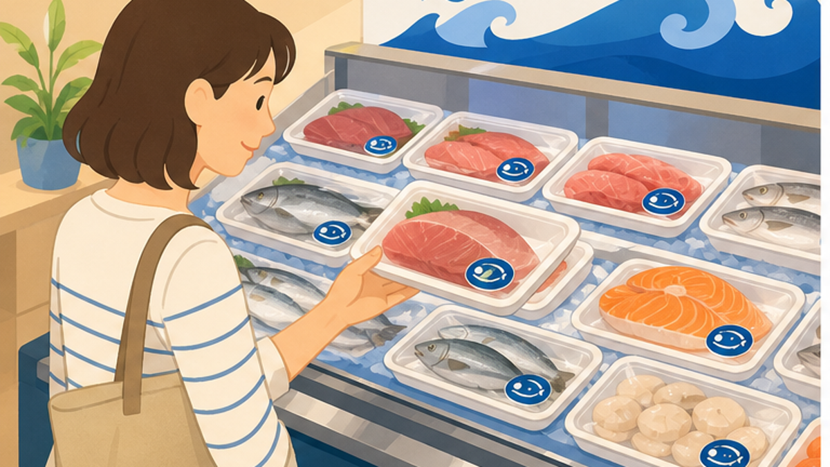 MSC・ASC認証ラベルのついた水産物を選ぶ消費者を描いたイラスト
