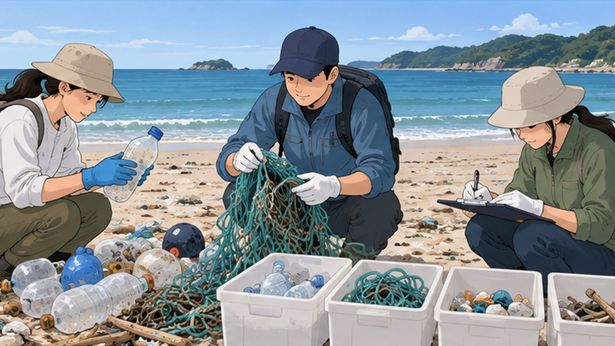 砂浜に打ち上げられたプラスチックごみと環境省の海洋ごみ調査のイメージ
