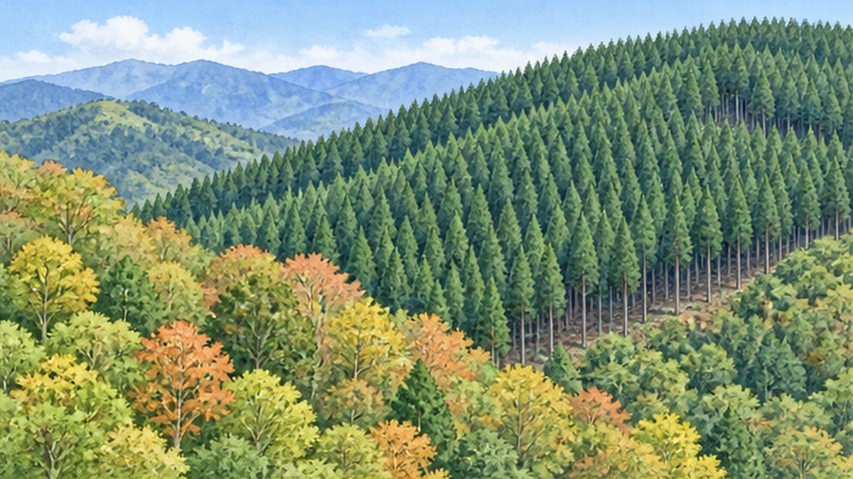 Illustration of a mountain landscape contrasting orderly cedar plantations with natural broadleaf forest in the foreground