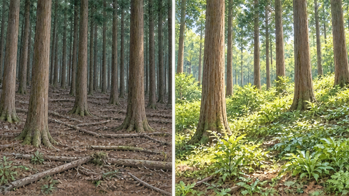 Cross-section illustration comparing a dark stand before thinning with a bright stand after thinning