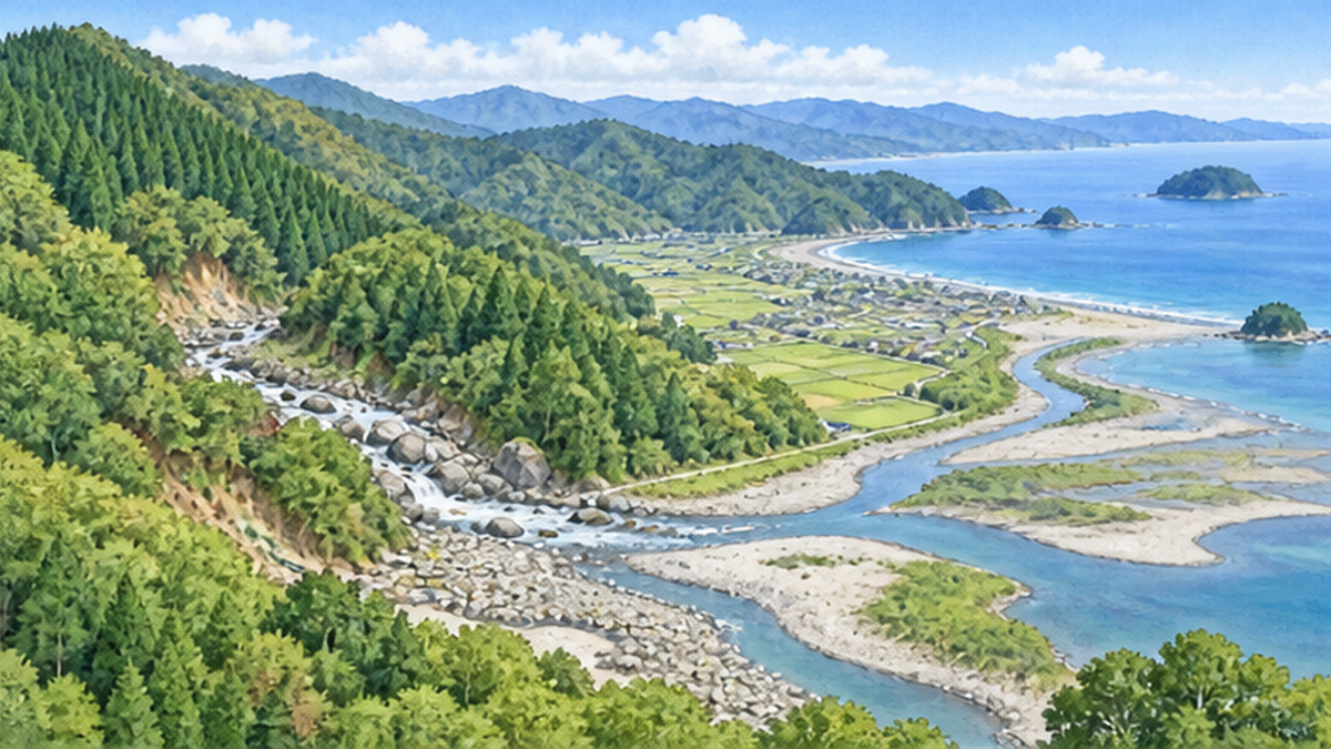 Cross-section illustration of water and soil flowing from mountain to river, estuary and sea