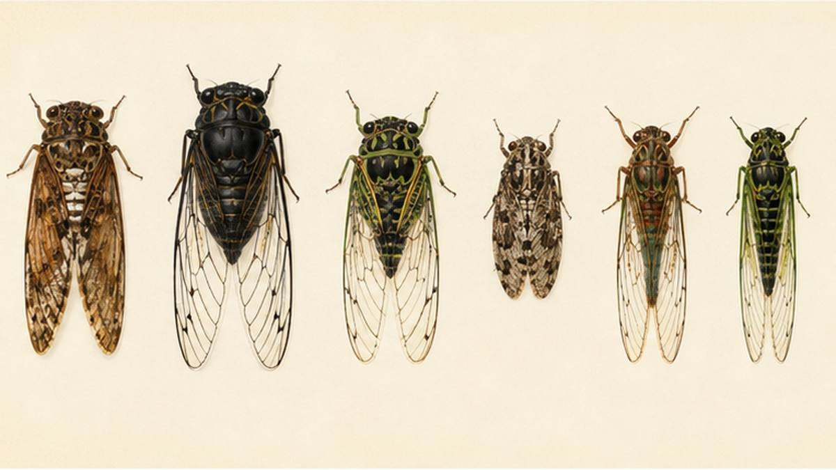 A natural-history-style illustration of six representative Japanese cicadas: aburazemi, kumazemi, minminzemi, niiniizemi, higurashi and tsukutsukuboshi