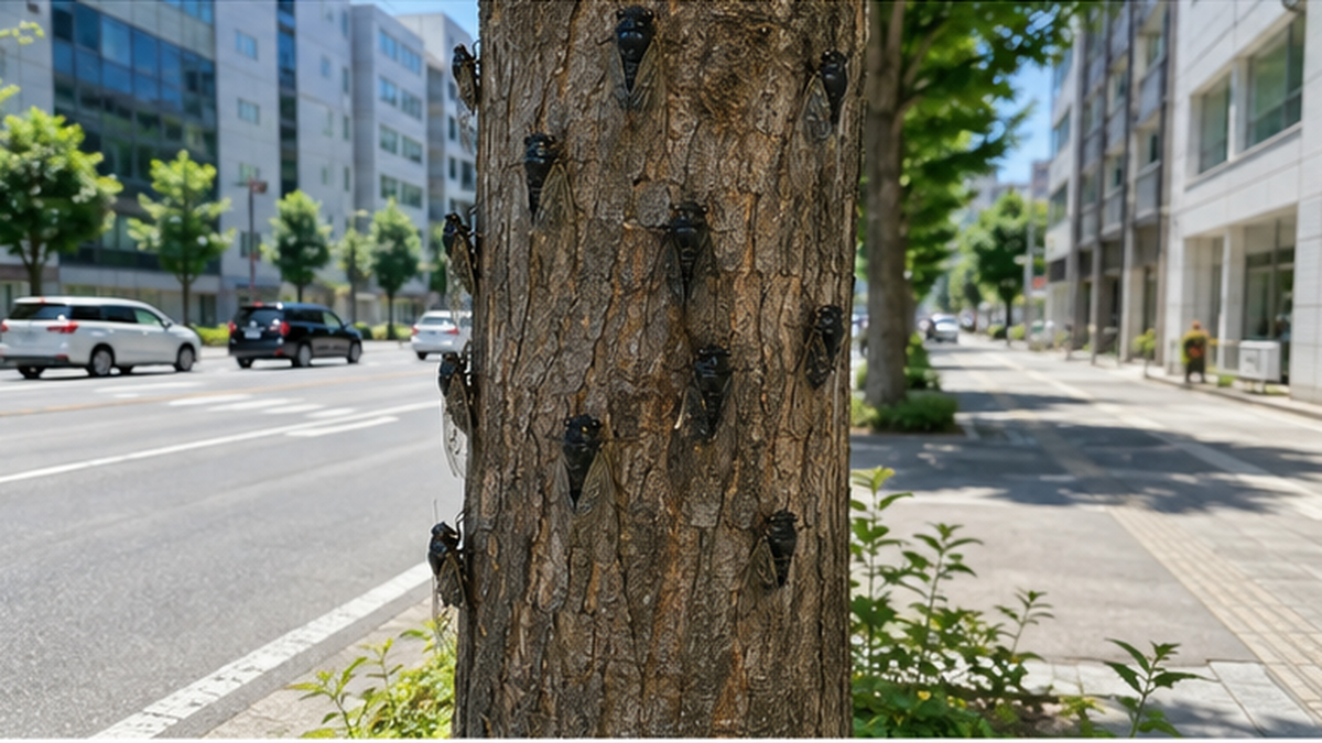 On a summer morning, many kumazemi cicadas perch on an urban street tree and sing in chorus, surrounded by asphalt and buildings