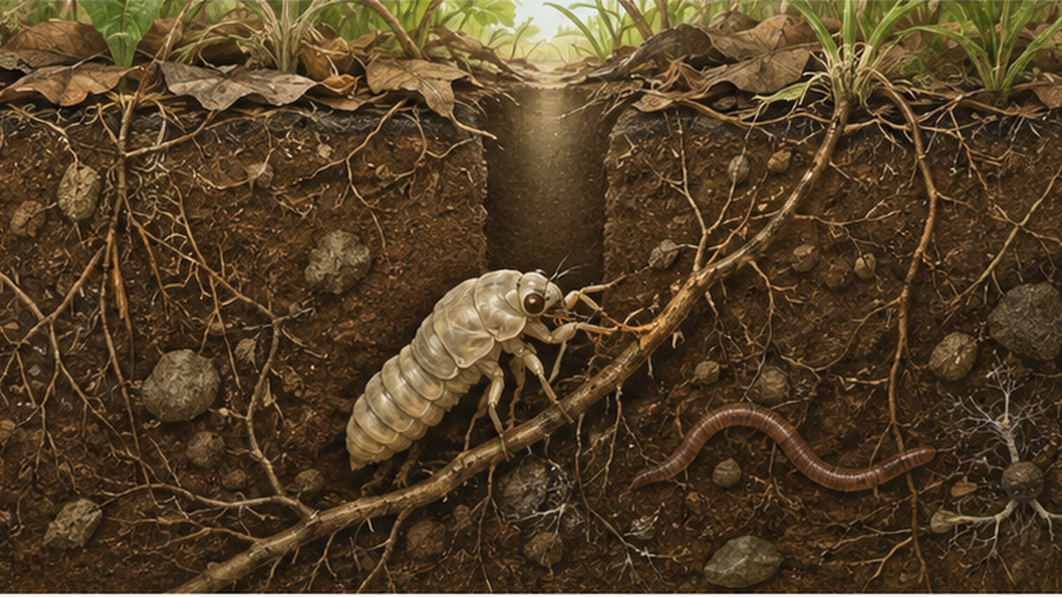 A cross-section of the ground showing a cicada nymph with its mouthparts inserted into a tree root, sucking sap, and a vertical exit tunnel extending toward the surface