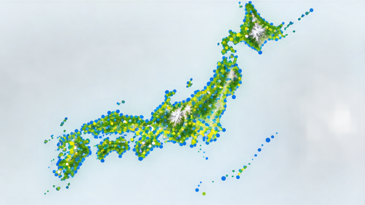 全国に分散した約1,000か所のモニタリング調査地を示す日本列島の模式図