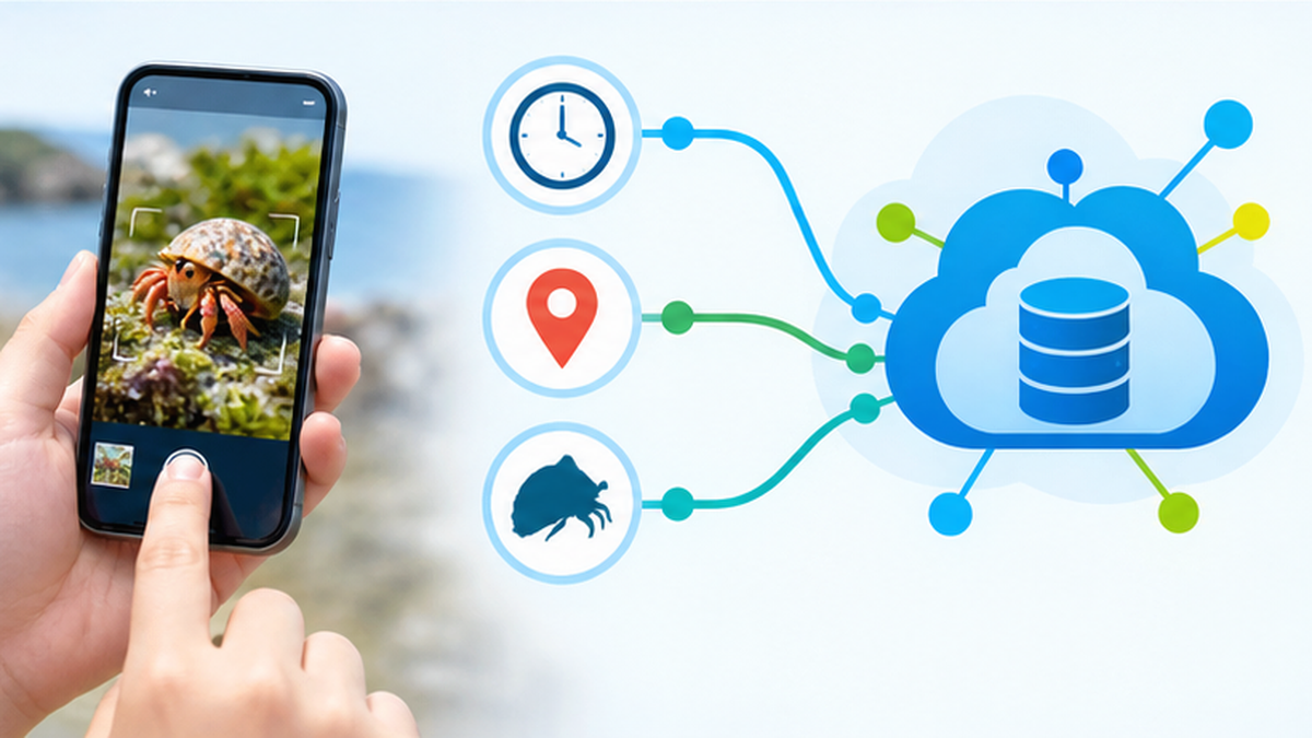 スマートフォンで生きものを撮影すると日時・位置・種の候補が自動で記録される流れの図解