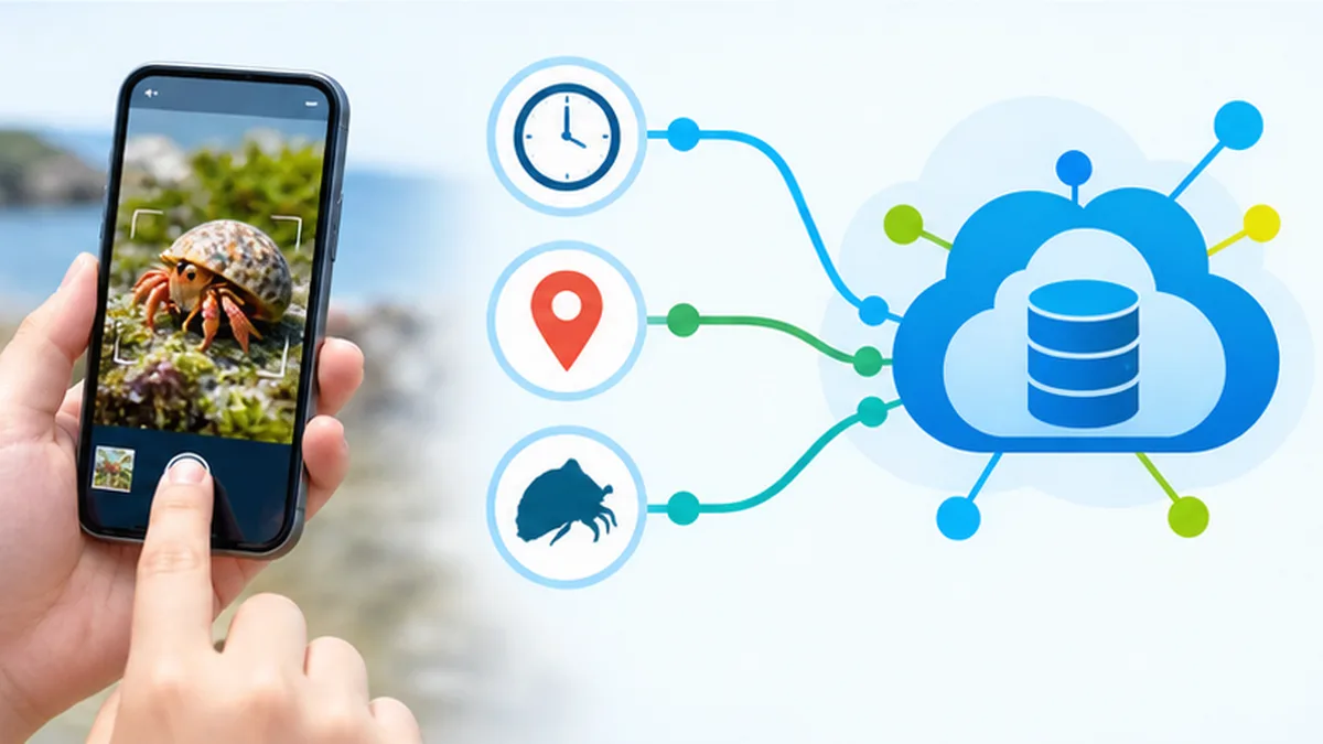 スマートフォンで生きものを撮影すると日時・位置・種の候補が自動で記録される流れの図解