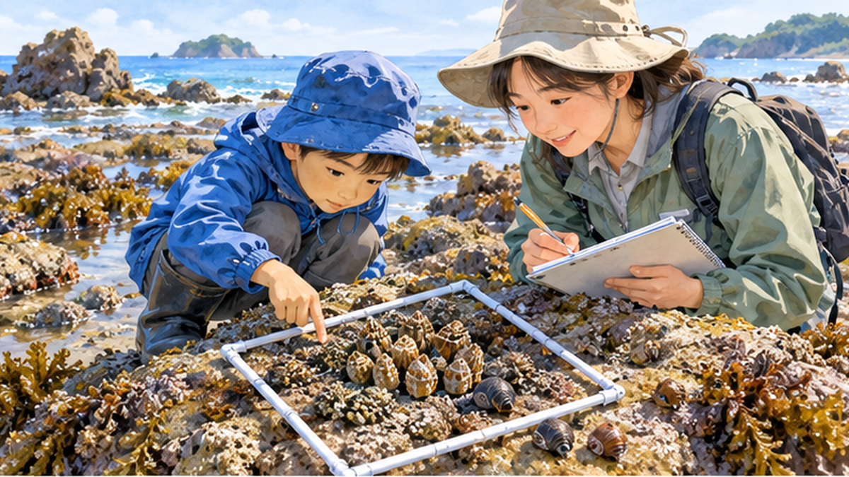 An image of citizen surveyors placing a quadrat on a rocky shore to record wildlife