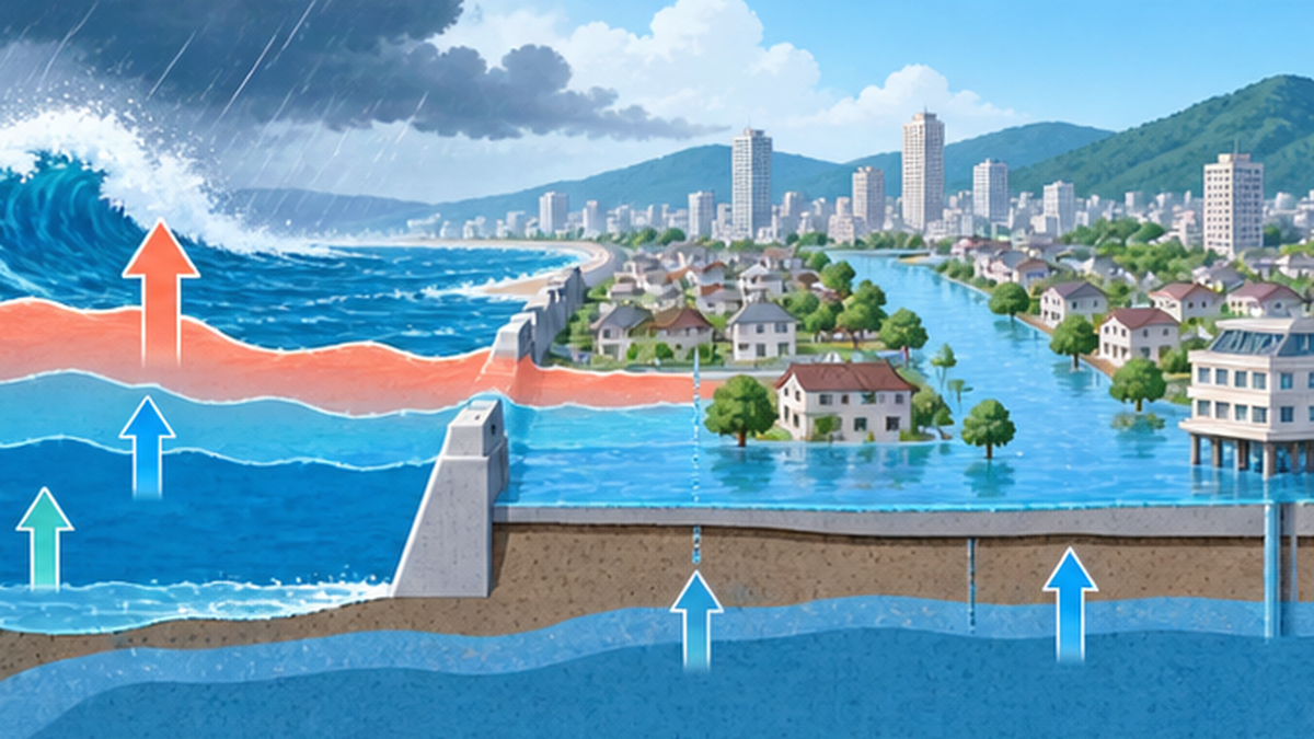 海面上昇・高潮・内水氾濫が重なる沿岸都市の複合リスクの概念図