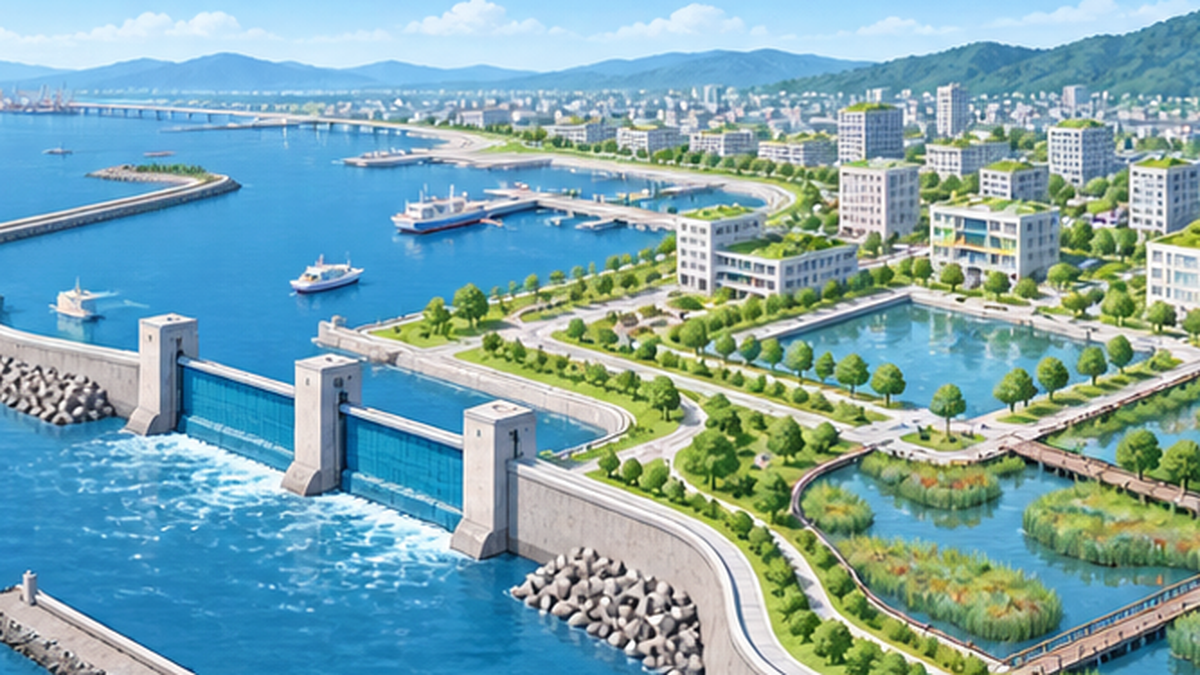 雨水を貯める広場や緑の屋根、堤防を組み合わせた港湾都市の適応イメージ