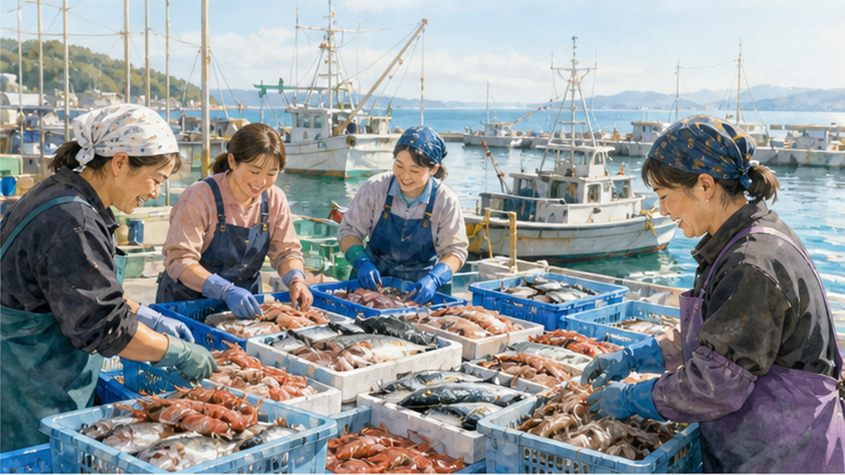 漁港で水揚げされた魚介類を選別・加工する女性たちの作業風景