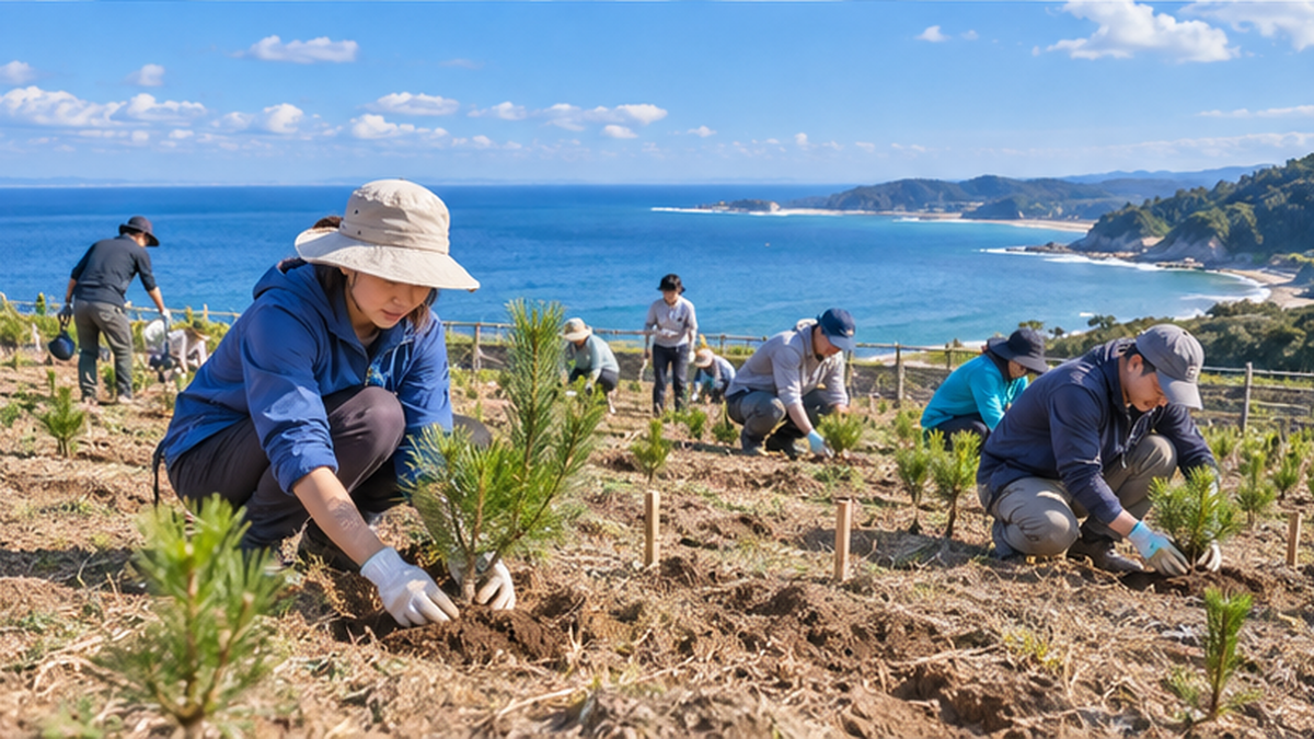 海岸林の再生地で若いクロマツの苗木を植える市民ボランティアたち