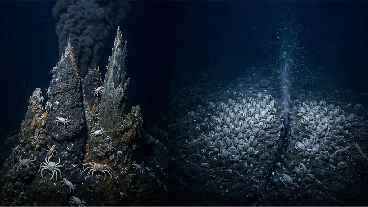高温の熱水が噴き上がるチムニーの周りにすむゴエモンコシオリエビと、離れた冷湧水域で泥に体を沈めるシロウリガイを対比したイメージ