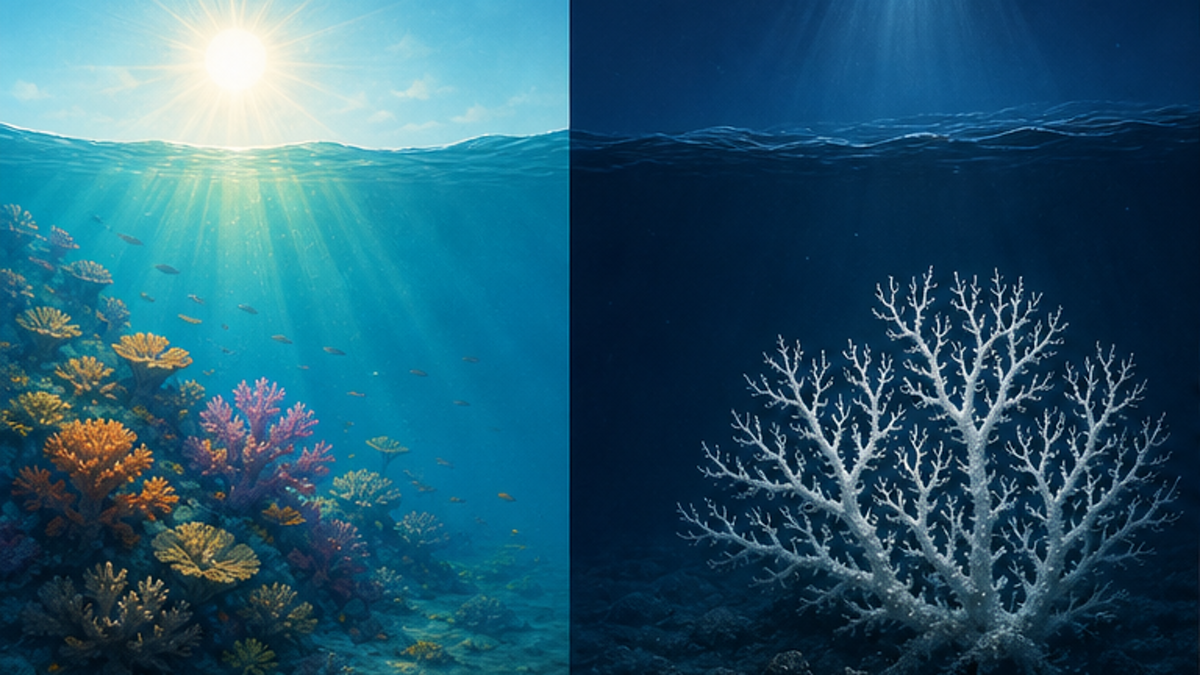 浅い海の熱帯サンゴと深海の冷水サンゴを左右で比較した図解
