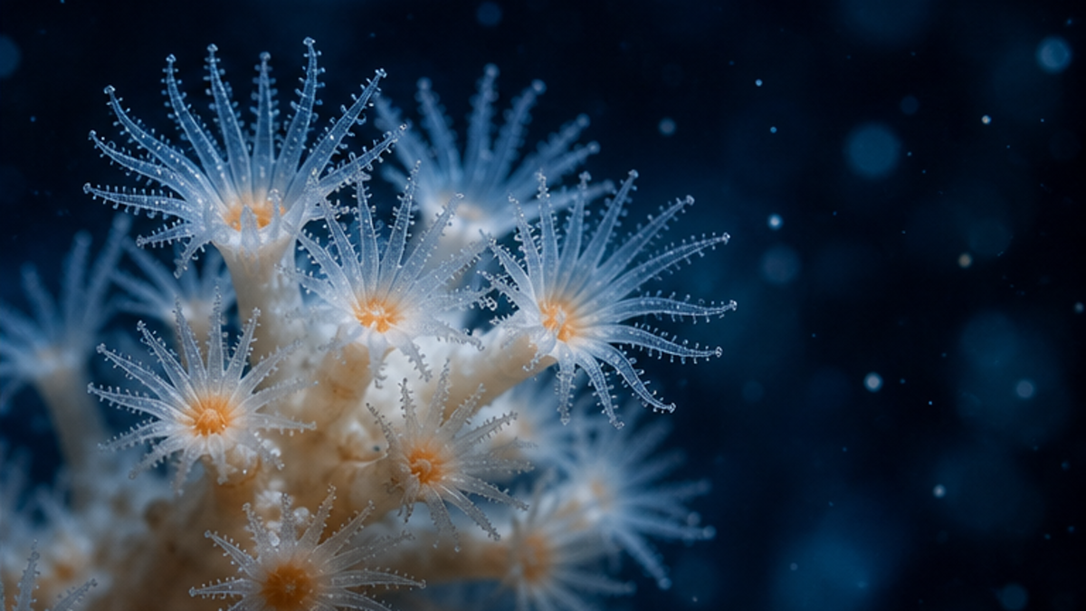 冷水サンゴのポリプが触手を広げて漂うプランクトンを捕らえる様子のクローズアップ