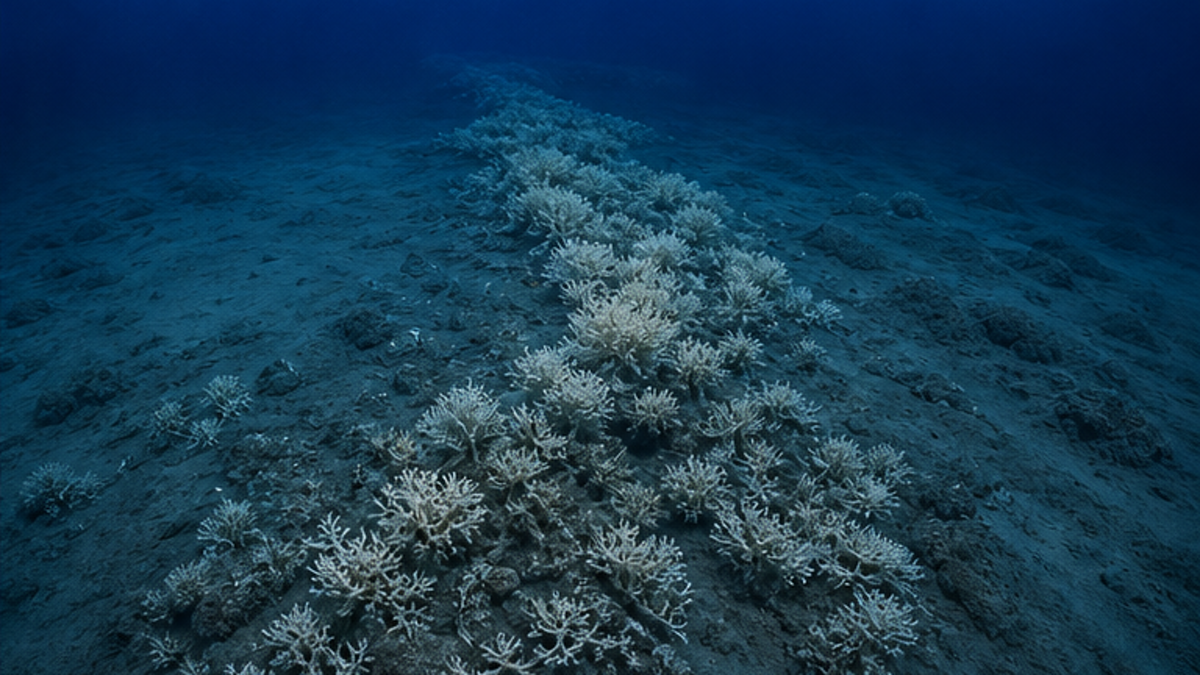 ノルウェー沖の海底に細長く伸びる巨大な冷水サンゴ礁を俯瞰したイメージ
