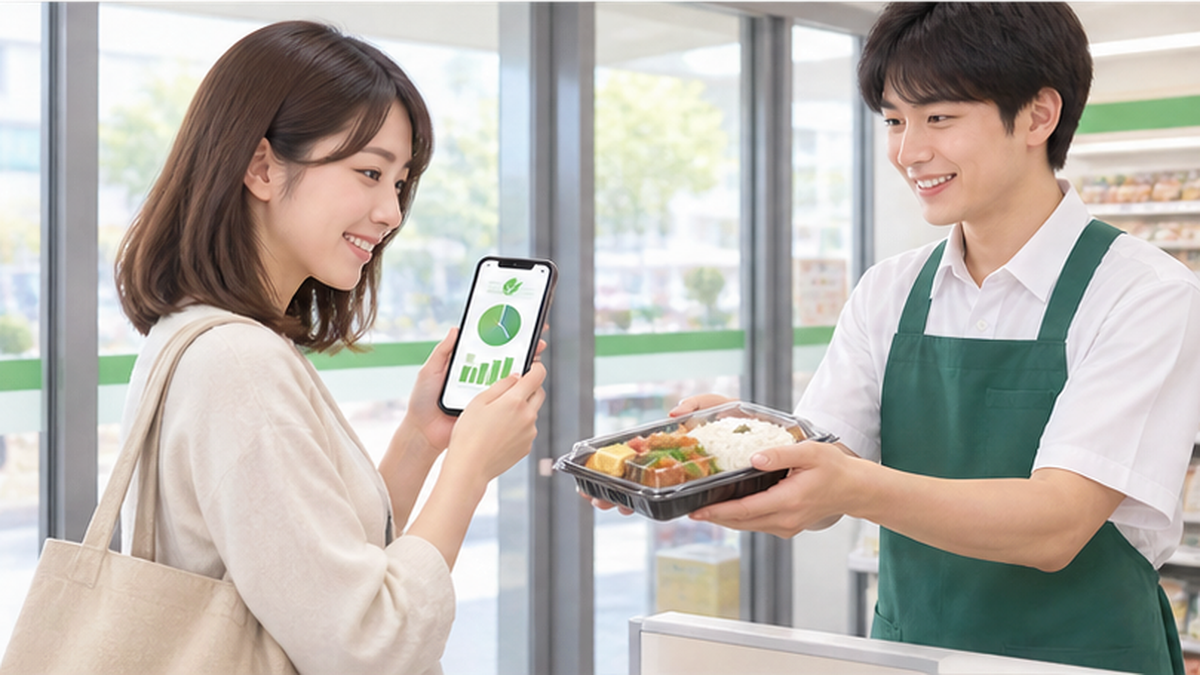 スマートフォンでフードレスキューアプリを使う利用者のイメージ