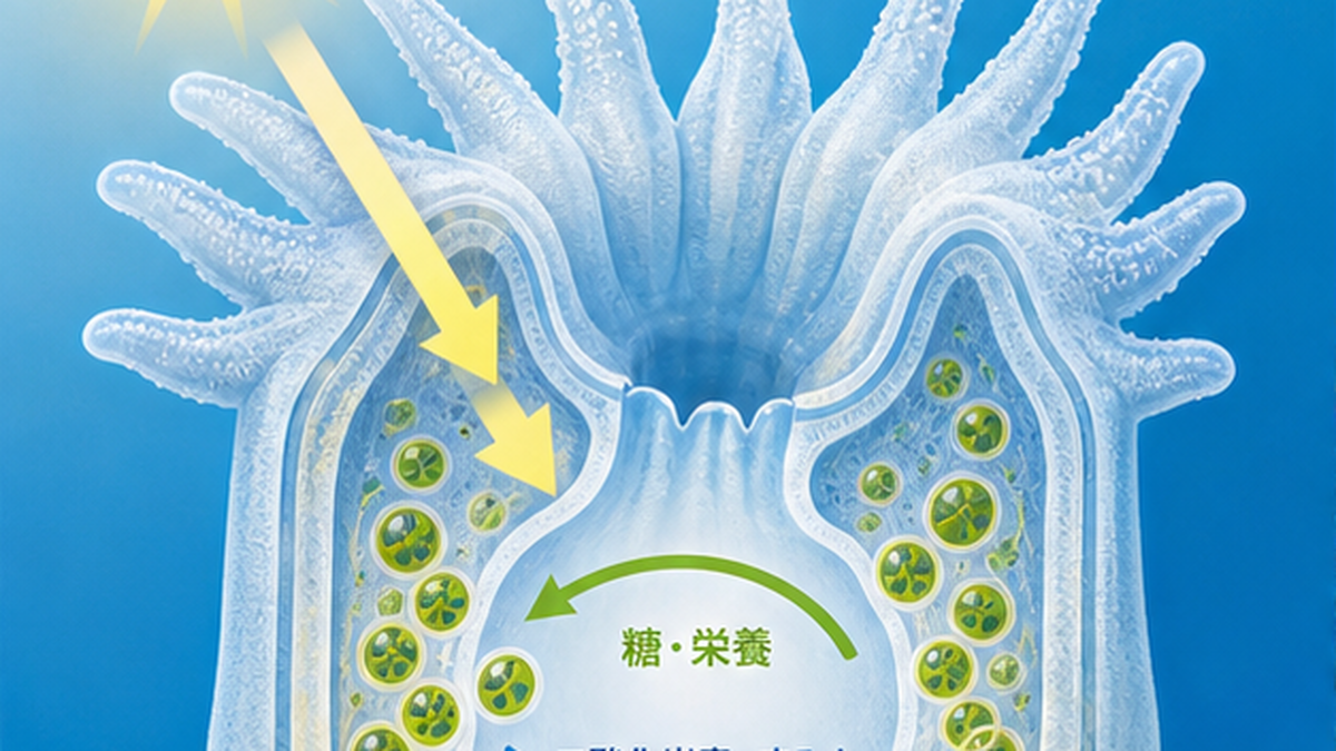 サンゴのポリプ組織のなかに褐虫藻が住み、光合成産物と栄養を交換し合う共生関係を示したフラット図解