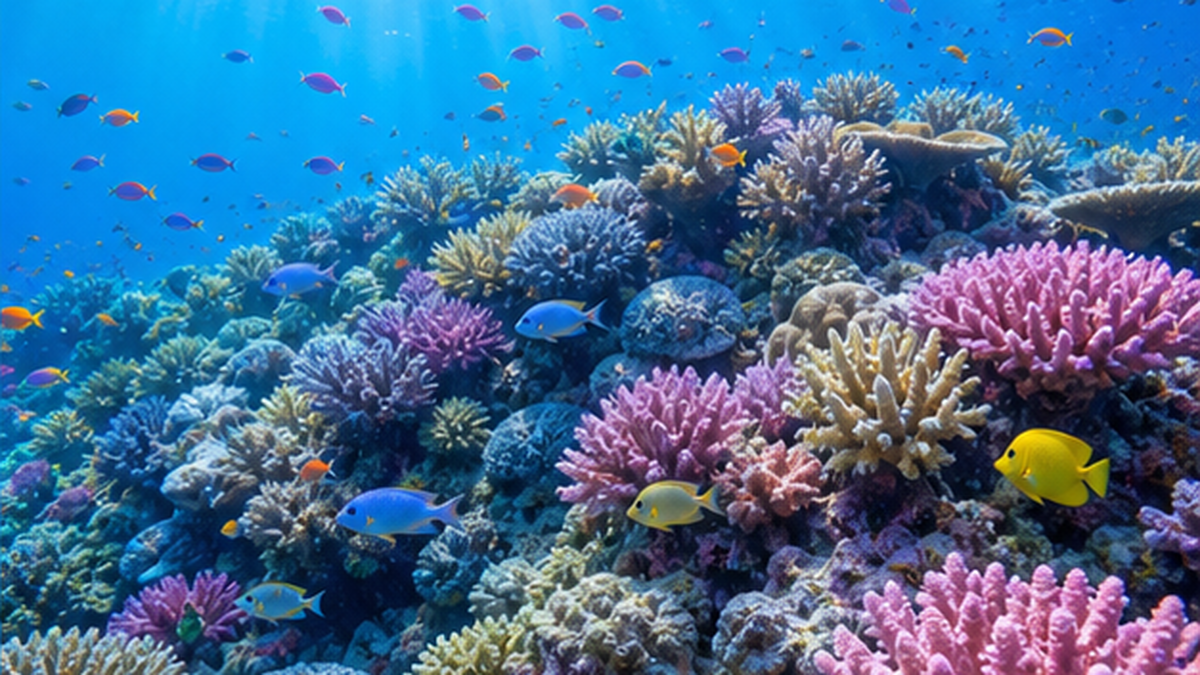 健全な色鮮やかなサンゴ礁と、そこに集まる多様な魚たちを水中から撮影した希望を感じさせる写真